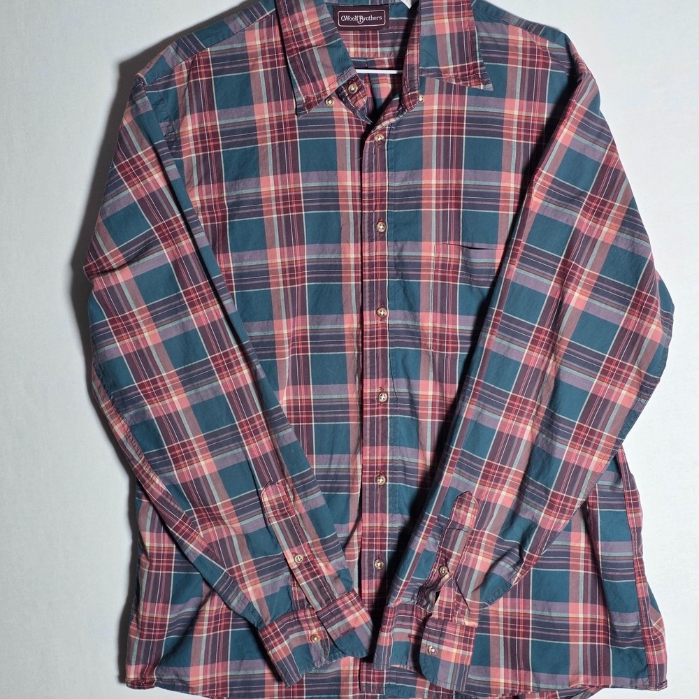 Vintage Woolf Brothers USA Made Teal Pink Plaid Cotton Shirt 80s Large